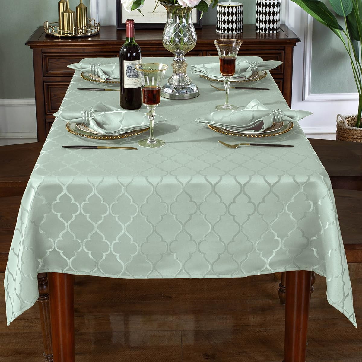 SASTYBALE Jacquard Spring Sage Green Tablecloth, Flower Patterns Table Cloth Spill Proof Wrinkle Resistant Table Cover for Kitchen Dining Tabletop Decoration (Rectangle, 52" x 70" (4-6 Seats))