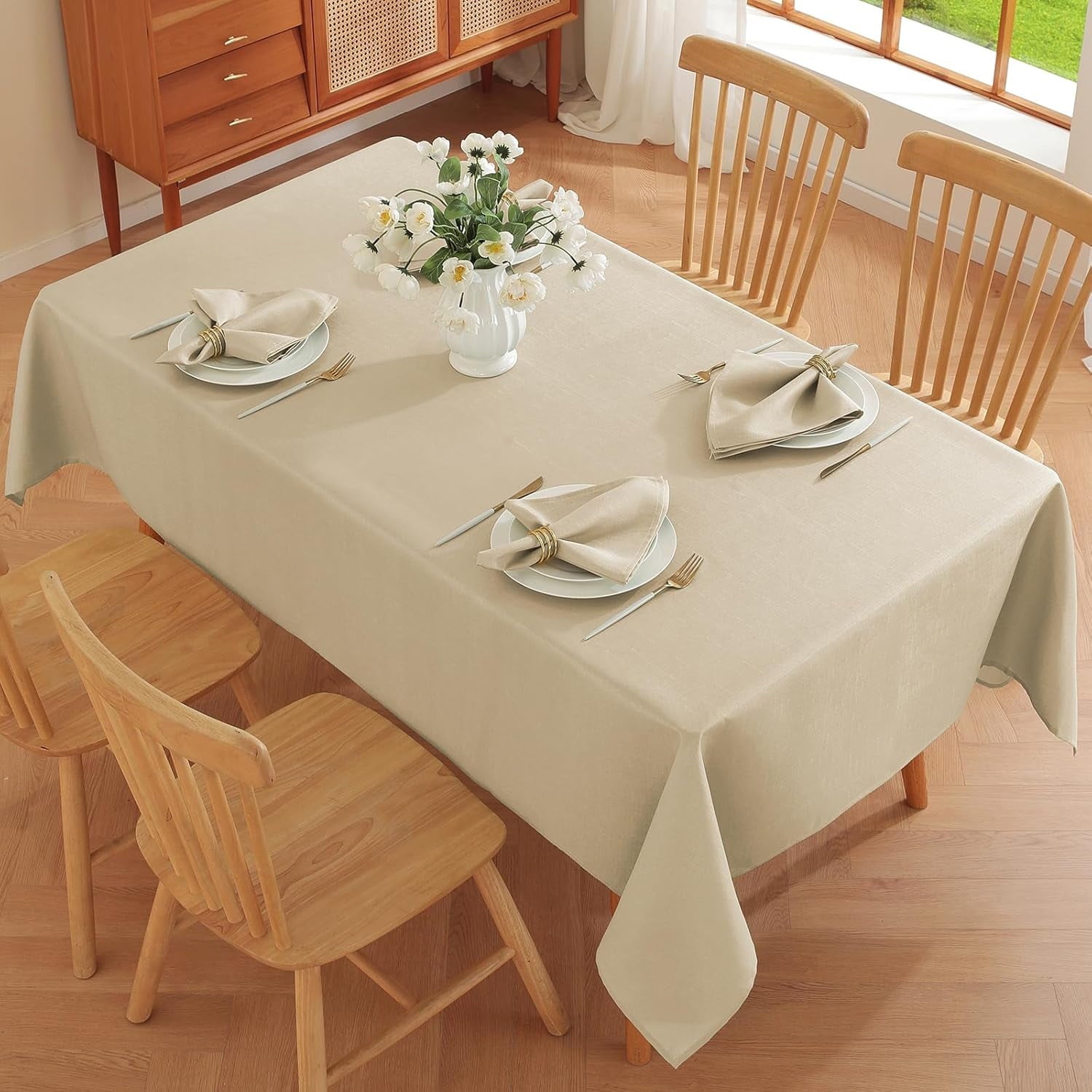 SASTYBALE Sqare Tablecloth - Linen Textured Farmhouse Table Cloth Water Resistant Wrinkle Free Washable Fabric Table Cover for Kitchen Dining Tabletop Decoration, 52 x 52 Inch, Beige