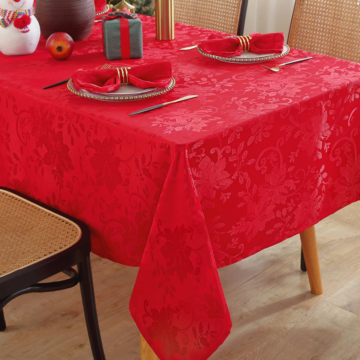 SASTYBALE Christmas Tablecloth Rectangle Poinsettia Jacquard Xmas Tablecloths, Spillproof Anti-Wrinkle Damask Fabric Table Cover for Winter, Xmas & Holiday Parties