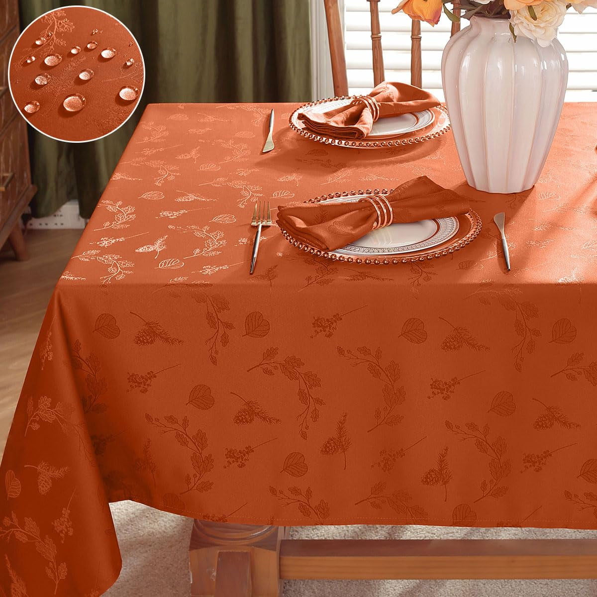 Tablecloth Rectangle 60 x 84 Inch Waterproof Wrinkle Free Autumn Ginkgo Leaves Jacquard Fabric Table Cloths for Fall Thanksgiving Harvest, Dining Party Decoration, Amber