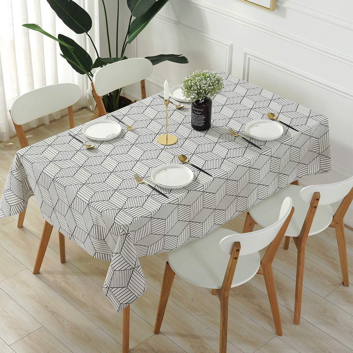 SASTYBALE Square Tablecloth Geometric Style Cotton Linen Table Cloth Dust-Proof Table Cover for Kitchen Dinning Tabletop Decoration (Square/Round, 55" x 55" (2-4 Seats))