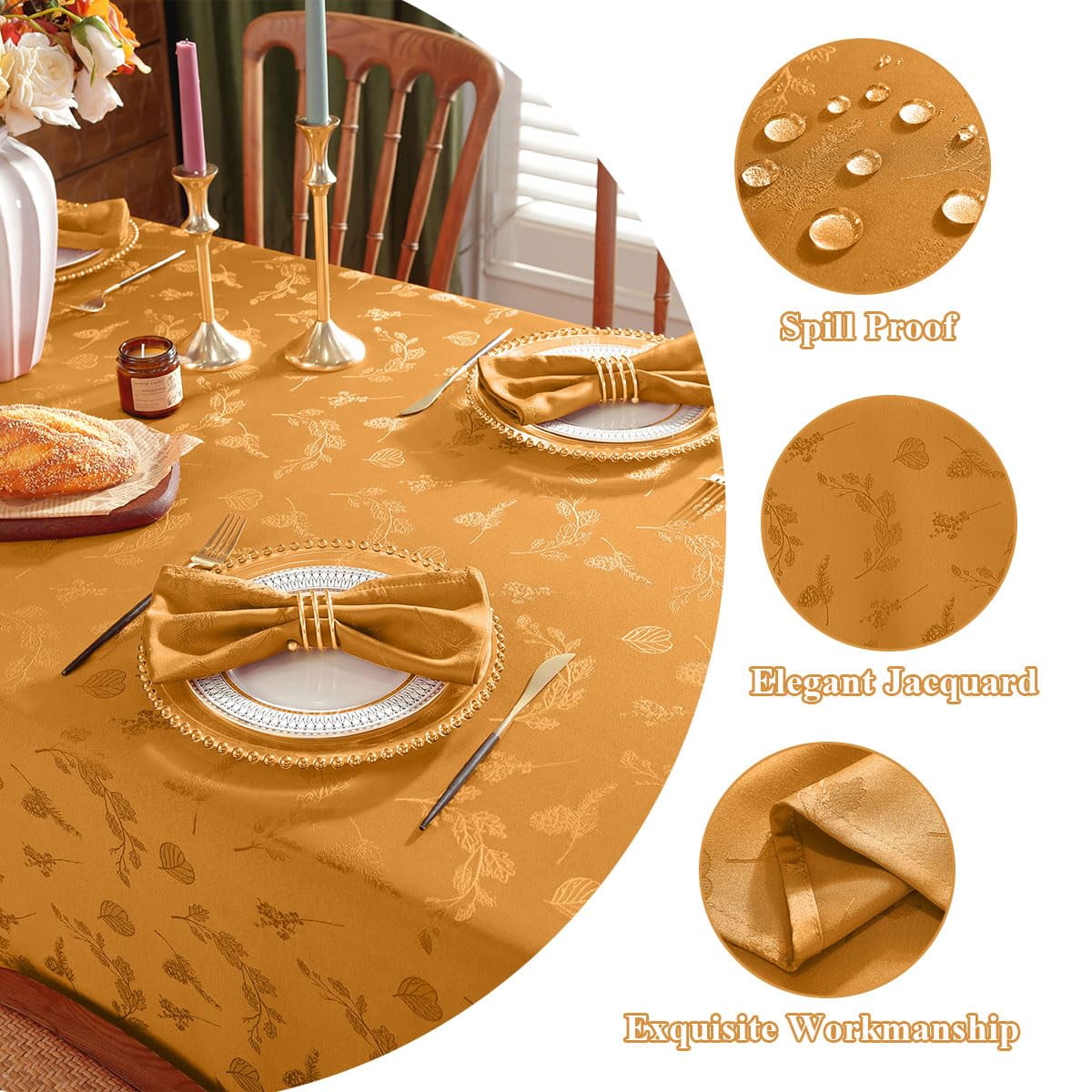 Tablecloth Rectangle 60 x 84 Inch Waterproof Wrinkle Free Autumn Ginkgo Leaves Jacquard Fabric Table Cloths for Fall Thanksgiving Harvest, Dining Party Decoration, Amber