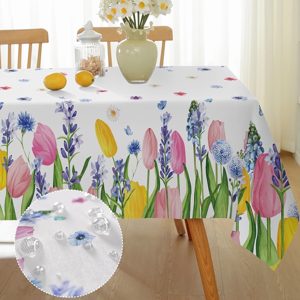 SASTYBALE Spring Floral Tablecloth Rectangle, Washable Tulip Lavender Table Cloth Polyester, Spill Proof Wrinkle Resistant Table Cover for Picnic, Party, Dinner Outdoor Decor (Rectangle, 52" x 70")