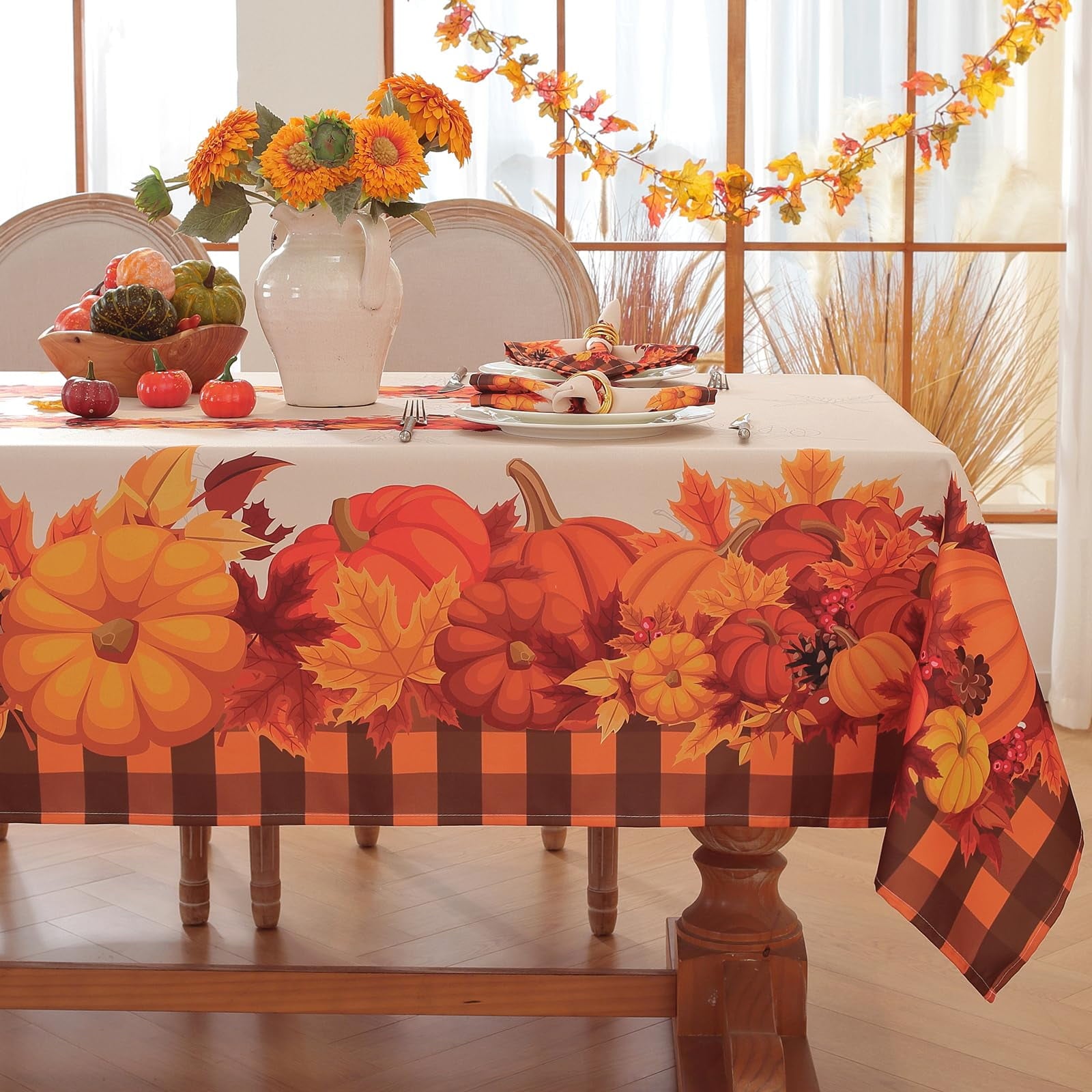 SASTYBALE Thanksgiving Tablecloth Rectangle, Fall Turkey Pumpkin Table Cloth Washable, Stain Resistant Polyester Autumn Table Cover for Harvest Farmhouse Parties Dinner Decor