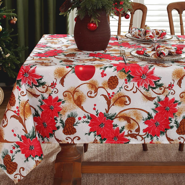 SASTYBALE Christmas Tablecloth Rectangle,Jacquard Fabric Christmas Table Cloth with Poinsettia Flowers, Spillproof Table Cover for Winter Holiday Dinner Decor