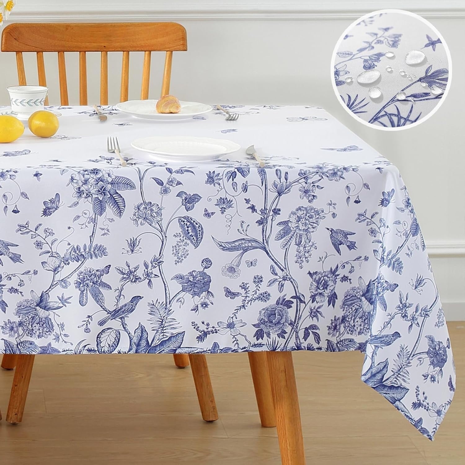 SASTYBALE Lemon Tablecloth Rectangle 52 x 70 Inch, Spillproof Wrinkle Free Polyester Fabric Table Cloth, Soft Floral Table Cover for Spring/Summer/Dining/Party, Blue