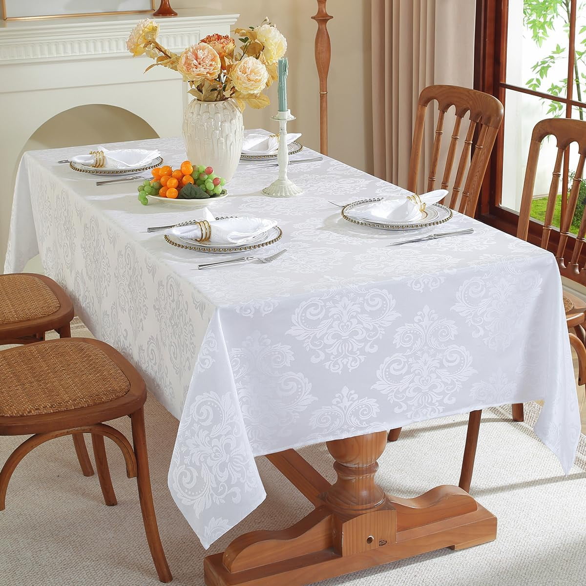 SASTYBALE Tablecloth Rectangle 52 x 70 Inch Waterproof Stain Resistant Jacquard Damask Table Cloth, Polyester Table Cover for Fall, Thanksgiving, Autumn, Harvest Party, Holiday Dinner, Orange/Rusty