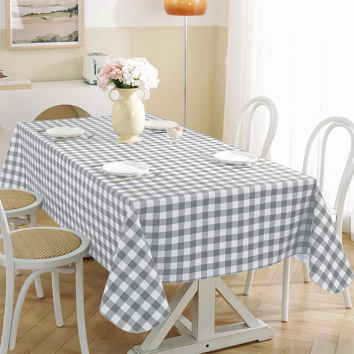 Buffalo Plaid Vinyl Tablecloth With Flannel Backing Rectangle 60 x 84 Inch, Stain & Scratch Resistant Checkered Table Cloth, Plastic Table Cover for Dining, Party, Indoor, Outdoor, Gray and White