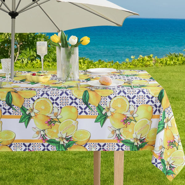 SASTYBALE Outdoor Tablecloth with Umbrella Hole, Stain Resistant Summer Lemon Table Cloth Geometric Vintage Pattern, Washable Patio Table Cover for Party Picnic Dinner Decor (Rectangle, 60" x 102")