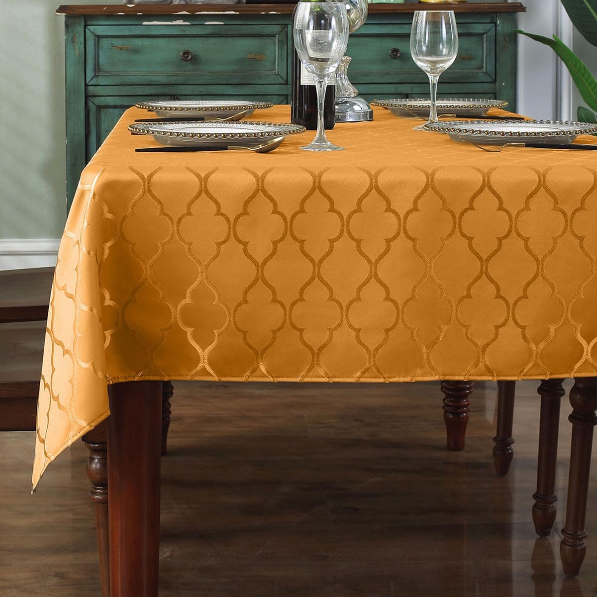 Jacquard Fall Tablecloth Rectangle Flower Pattern Polyester Table Cloth Spill Proof Wrinkle Resistant Table Cover for Christmas, Harvest &amp; Holiday Decor (Rectangle, 52" x 70" (4-6 Seats),Amber)