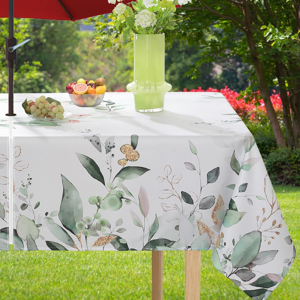 SASTYBALE Outdoor Tablecloth with Umbrella Hole and Zipper Rectangle 60 x 102 Inch Wild Eucalyptus Leaves Flower Zippered Table Cloth, Fabric Table Cover for Spring/Summer/Dining/Picnic/Garden, Green