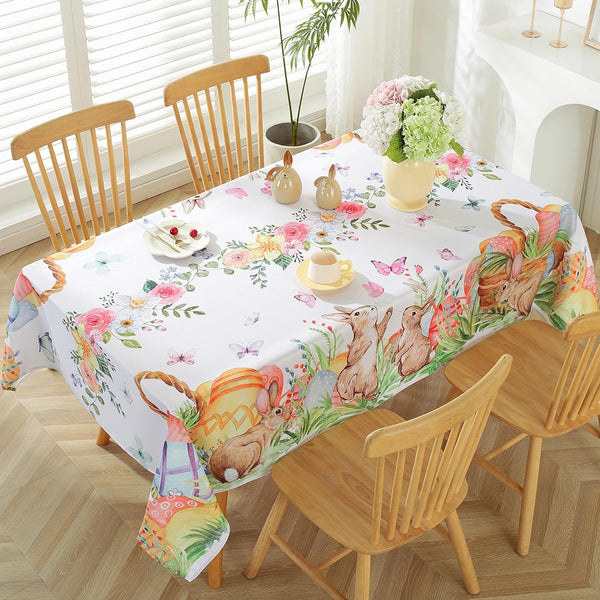 SASTYBALE Easter Tablecloth Rectangle 52 x 70 Inch Cute Bunny Eggs Floral Butterfly Watercolor Rabbits Table Cloth, Fabric Table Cover for Spring, Picnic, Dining, Party Holiday Decor, Colorful