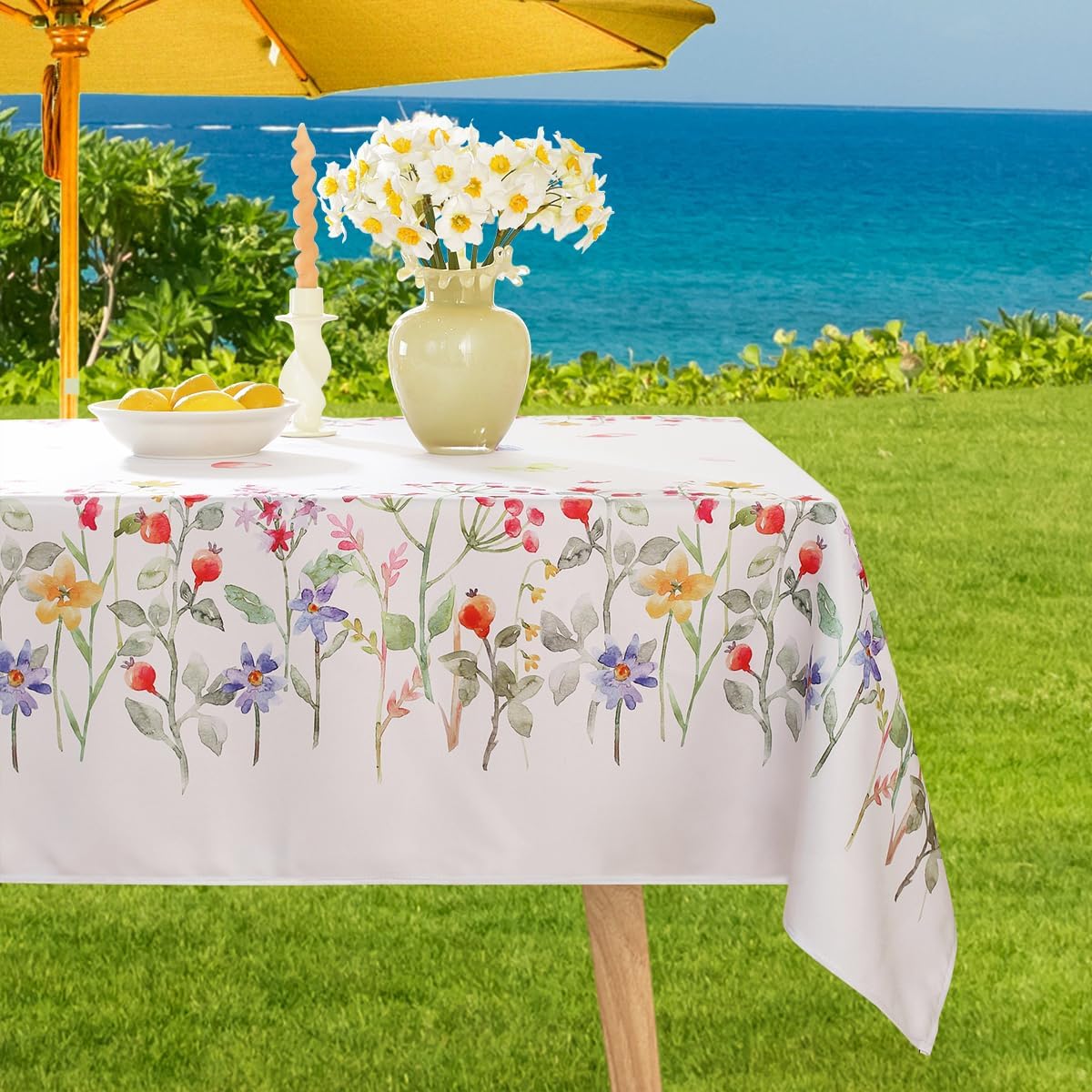 SASTYBALE Outdoor Tablecloth with Umbrella Hole and Zipper, Stain Resistant Table Cover Printed with Pastel Blooms, Patio Table Cover with Umbrella Hole for Outdoor/Summer (Rectangle, 60" x 84")