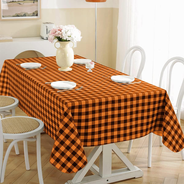 SASTYBALE Buffalo Plaid Tablecloth Rectangle 60 x 120 Inch Vinyl with Flannel Backing, Waterproof & Anti Slip Plastic Heavy Duty Table Cover for Dining, Party, Indoor, Outdoor, Orange and Black