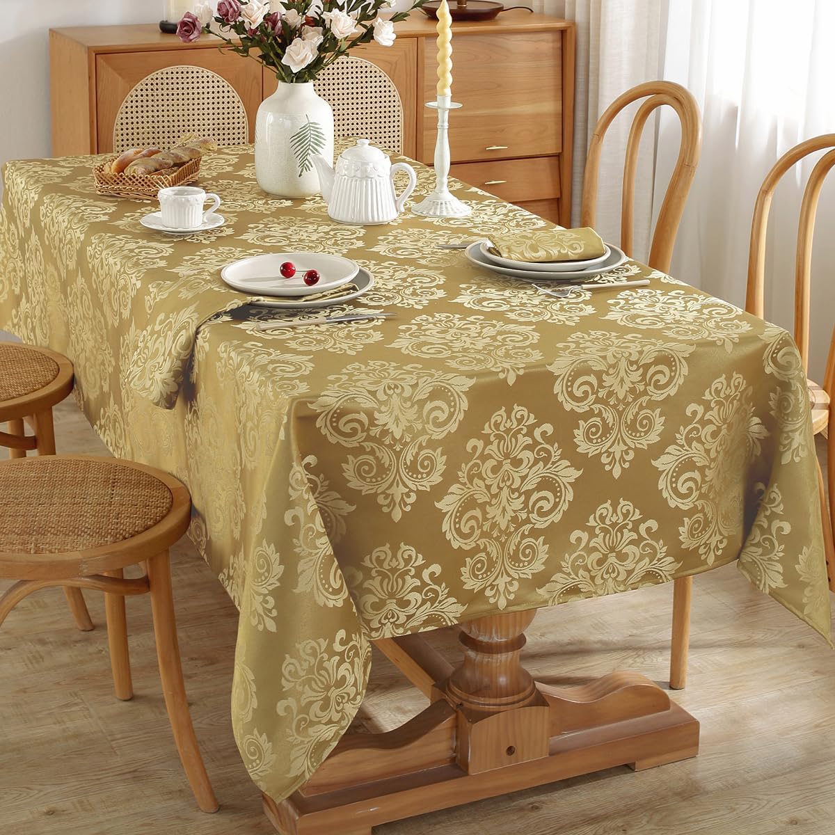 SASTYBALE Damask Gold Tablecloth for Square Tables 52 x 52 Inch, Floral Jacquard Spill Proof Wrinkle Free Table Cloth, Polyester Table Cover for Dinner/Party/Indoor/Outdoor