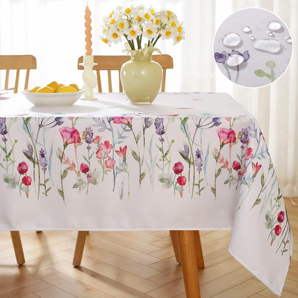 SASTYBALE Spring Summer Floral Tablecloth for Rectangle Tables, Spill Proof & Washable Floral Table Cloth Watercolor Wild Flowers, Table Cover for Outdoor Picnic, Dinner Decor(Rectangle, 52" x 70")