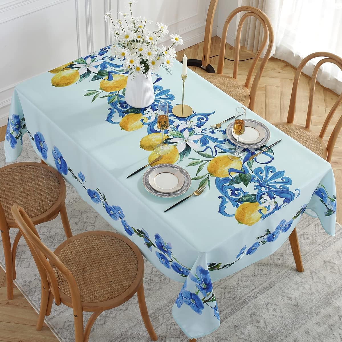 SASTYBALE Lemon Tablecloth Rectangle 52 x 70 Inch, Spillproof Wrinkle Free Polyester Fabric Table Cloth, Soft Floral Table Cover for Spring/Summer/Dining/Party, Blue