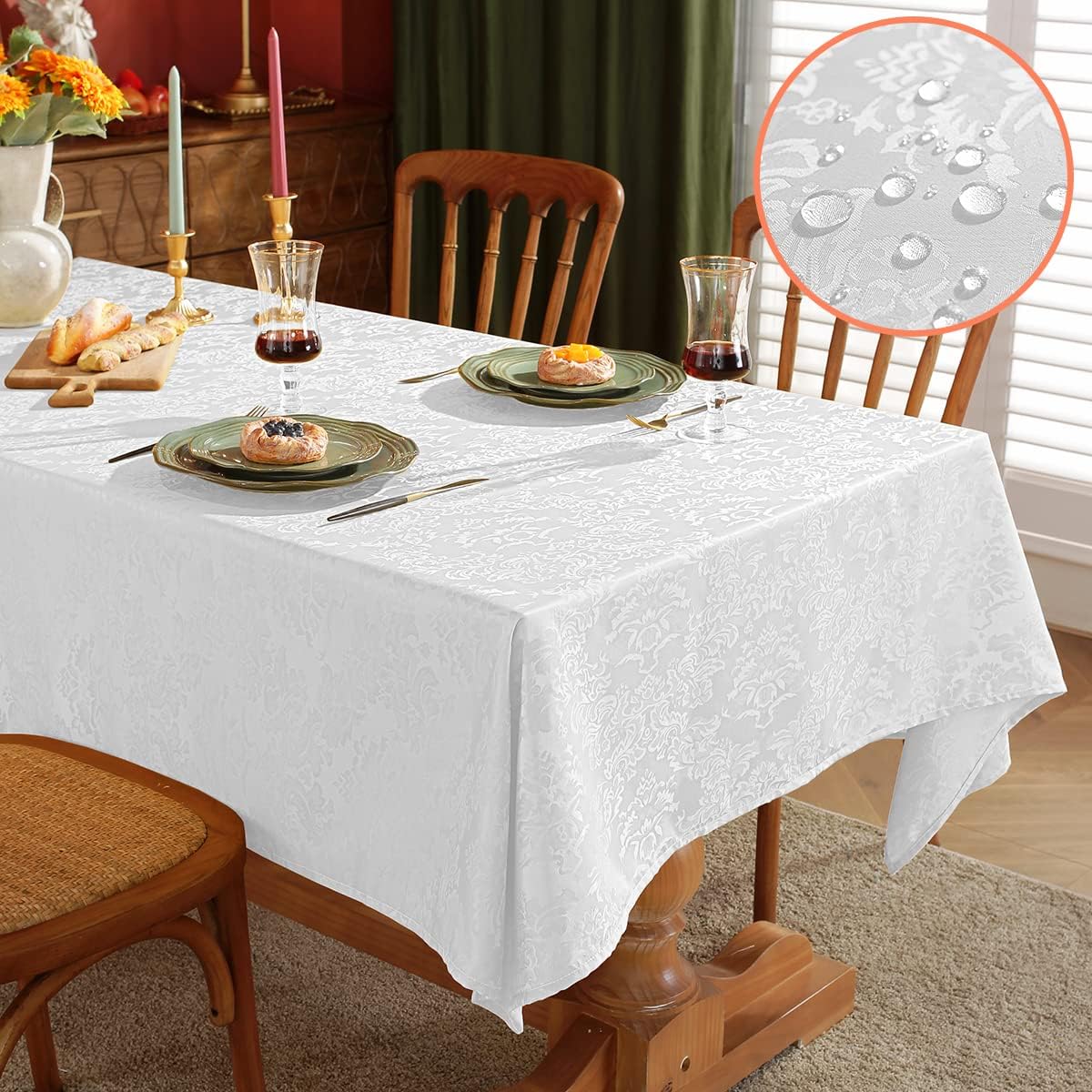 SASTYBALE Jacquard Spring White Tablecloth for Rectangle Tables, Spill-Proof & Wrinkle Free Damask Fabric Table Cover with Floral Patterns for Table Decorations (Rectangle, 52" x 70", White)