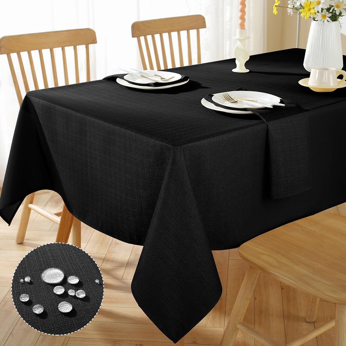 SASTYBALE Faux Linen Square Tablecloth, Waterproof Wrinkle Free Textured Table Cloth, Soft Fabric Table Cover for Dining, Party, Holiday, Indoor Outdoor (52 x 52 Inch Square, Black)