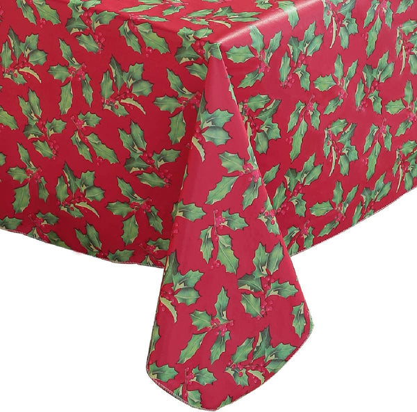 SASTYBALE Christmas Tablecloth Rectangle Vinyl Flannel Backing, Floral Holly & Berry Print Waterproof Plastic Heavy Table Cloth for Dining, Buffet Party & Outdoor Decorations, 52 x 70 Inch Red