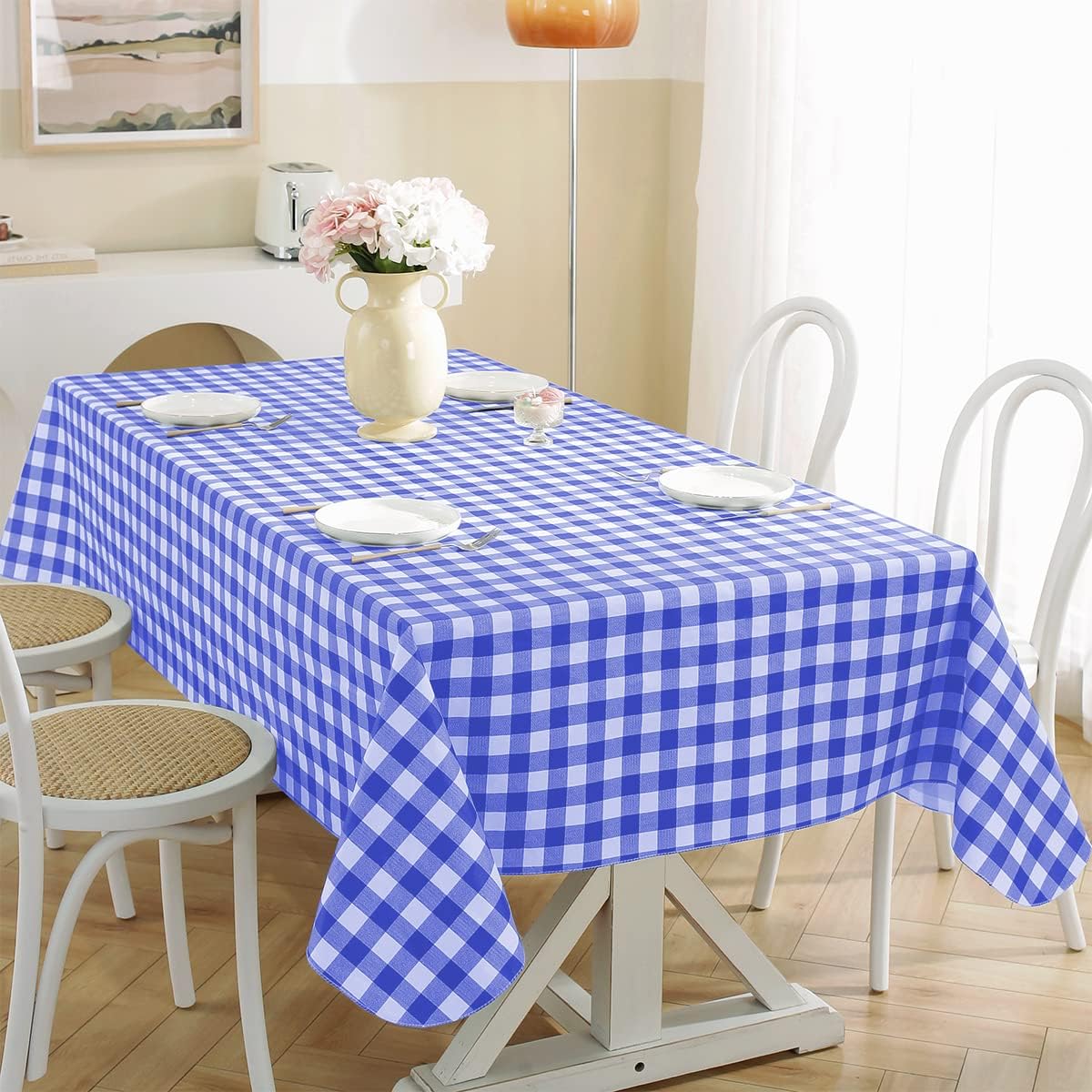 Checkered Vinyl Tablecloth With Flannel Backing Rectangle 60 x 120 Inch, Waterproof Non-Slip Gingham Tablecloth, Heavy Duty Plastic Table Cover for Dining, Party, Indoor, Outdoor, Blue and White