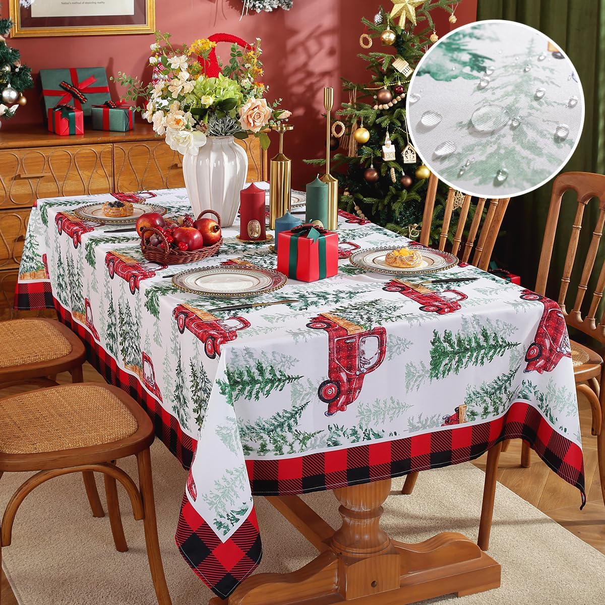 SASTYBALE Christmas Tablecloth Rectangle, Water Resistant Christmas Table Cloth with Printed Christmas Trees & Trucks, Polyester Table Covers for Xmas, Holiday, Winter (Rectangle, 60" x 102", White)