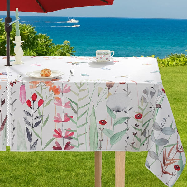 SASTYBALE Outdoor Tablecloth with Umbrella Hole and Zipper, Spillproof Floral Table Cloth with Watercolor Wild Flowers & Butterflies, Patio Table Cover for Summer Picnic BBQS(Rectangle, 52" x 70")