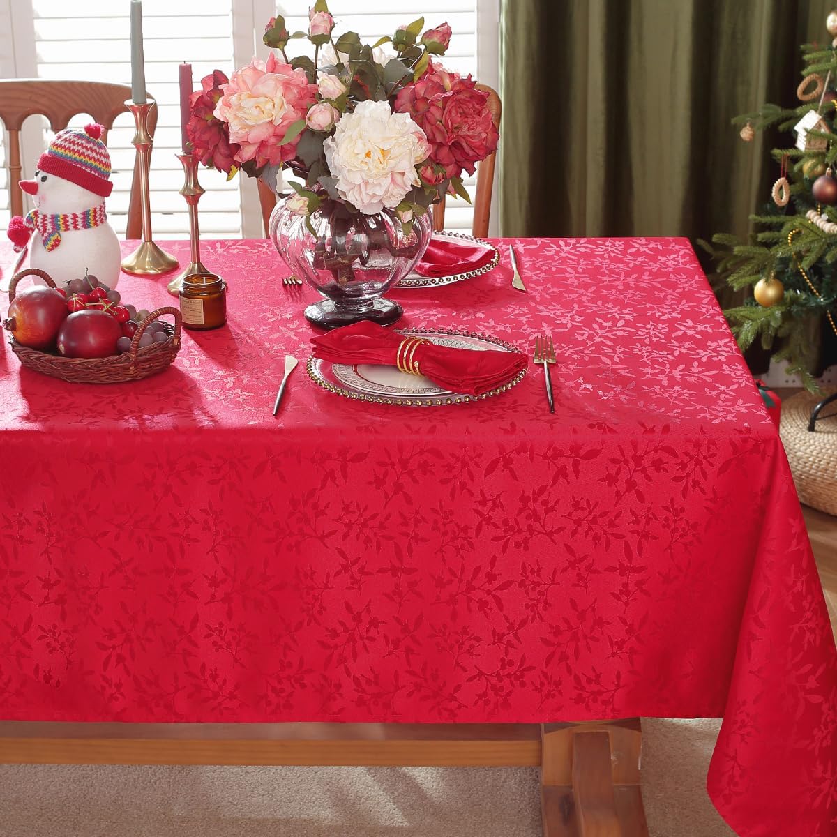 SASTYBALE Christmas Tablecloth Rectangle 52 x 70 Inch Holly Berry Jacquard Spill Proof Wrinkle Free Fabric Table Cloth, Damask Table Cover for Kitchen Dining, Party, Xmas, Winter, Holiday, Red