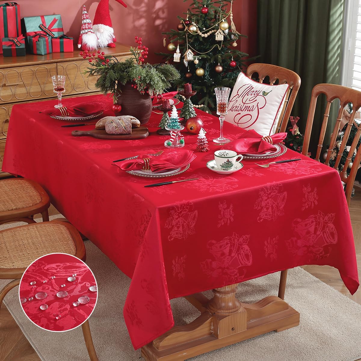 SASTYBALE Christmas Tablecloth Jingle Bells Holly Berry Jacquard Water Oil Proof Non Slip Damask Table Cloths, Fabric Table Cover for Xmas, Holiday, Winter, Santa, Rectangle 52 x 70 Inch, Red