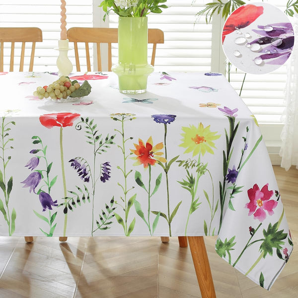 SASTYBALE Spring Summer Tablecloth Rectangle 52 x 70 Inch Spill Proof Wrinkle Free Wild Flowers Watercolor Floral Table Cloth, Polyester Table Cover for Dining, Party, Picnic, Indoor, Outdoor, Red