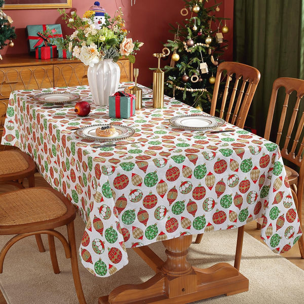 Vinyl Christmas Tablecloth with Flannel Backing Rectangle 52 x 70 Inch Xmas Balls Pattern 100% Waterproof Non Slip Plastic Table Cloth, Heavy Duty Table Cover for Dining, Party, Indoor, Outdoor, White