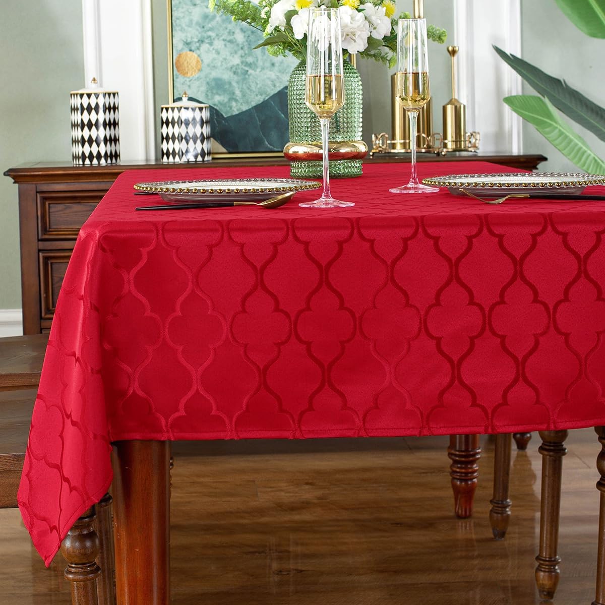 SASTYBALE Jacquard Christmas Tablecloth Flower Pattern Polyester Christmas Table Cloth Spill Proof Wrinkle Resistant Table Cover for Xmas Holiday Party Decor (Rectangle, 52" x 70" (4-6 Seats),Red)