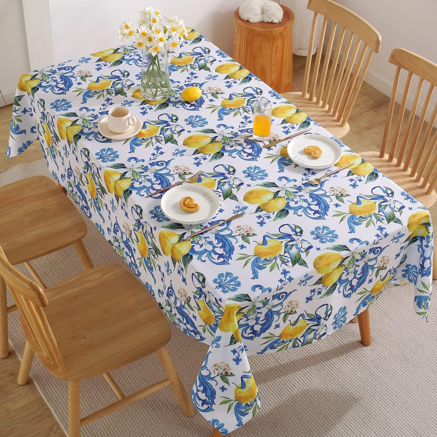 SASTYBALE Lemon Tablecloth, Washable Summer Table Cloth Printed with Lemons Flower Waterproof Spillproof Polyester Table Cover for Dinner Table Holiday Decoration (Rectangle, 52" x 70")