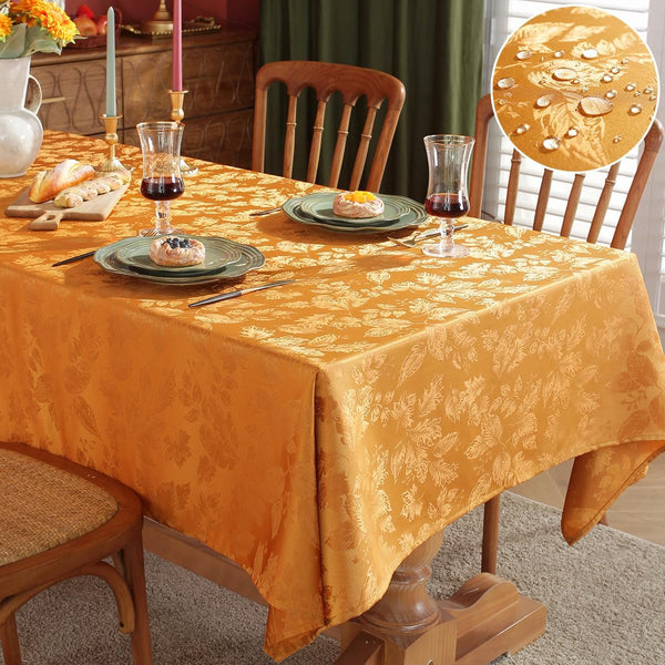 SASTYBALE Maple Leaves Jacquard Fall Tablecloth Oil/Water Proof Fabric Rectangle Table Cloth for Autumn, Harvest, Thanksgiving Oblong 52 x 70 Inch Amber