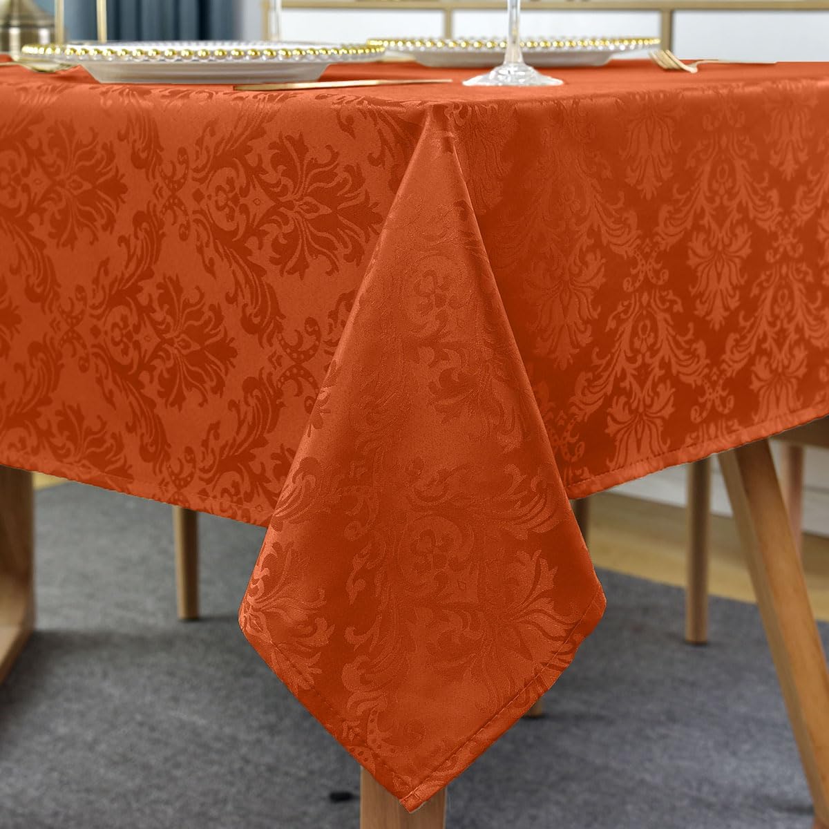 SASTYBALE Jacquard Christmas Tablecloth Rectangle 52 x 70 Inch, Waterproof Wrinkle Free Floral Damask Table Cloth, Soft Fabric Table Cover for Xmas, Holiday, Winter, Holiday, Party, Wedding, Red