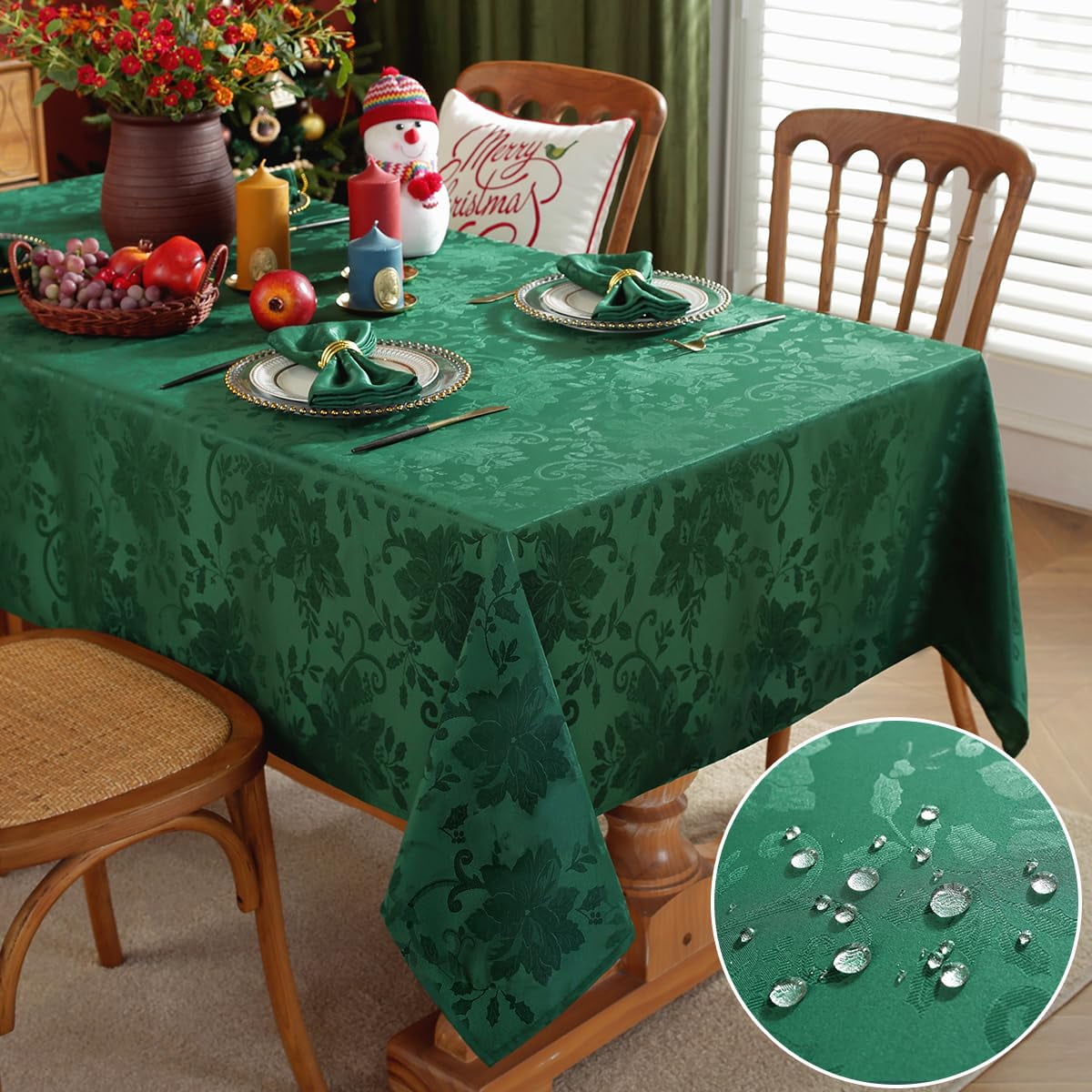 SASTYBALE Christmas Tablecloth Rectangle Poinsettia Jacquard Xmas Tablecloths, Spillproof Anti-Wrinkle Damask Fabric Table Cover for Winter, Xmas & Holiday Parties