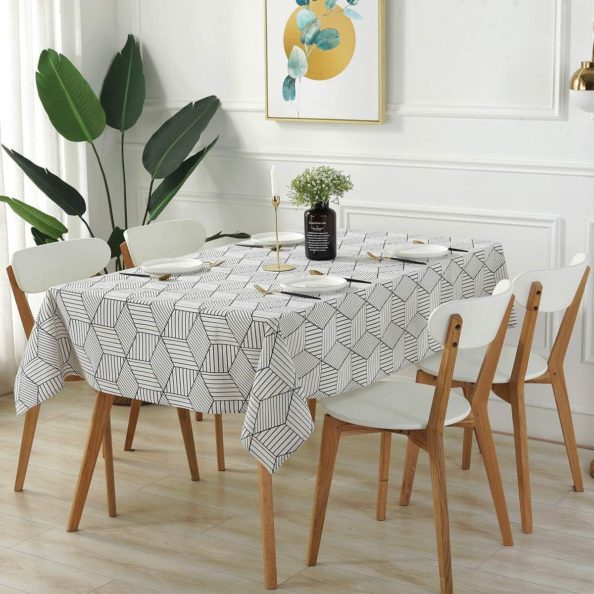 SASTYBALE Square Tablecloth Geometric Style Cotton Linen Table Cloth Dust-Proof Table Cover for Kitchen Dinning Tabletop Decoration (Square/Round, 55" x 55" (2-4 Seats))