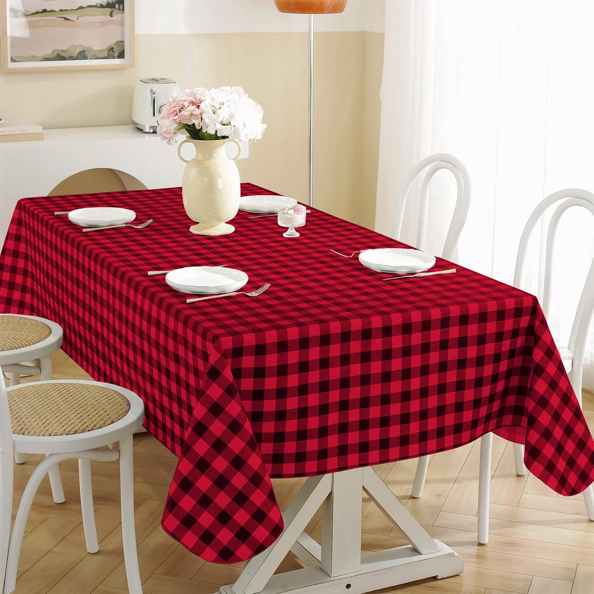 SASTYBALE Buffalo Plaid Vinyl Tablecloth Rectangle 52 x 70 Inch with Flannel Backing, Waterproof & Anti-Slip Heavy Weight Table Cloth, Plastic Table Cover for Dining, Party, Indoor, Red and Black