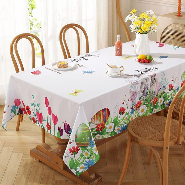 SASTYBALE Easter Tablecloth for Rectangle Tables, Washable Spring Table Cover Printed with Colorful Easter Eggs and Cute Bunnies for Dinner Table, Party and Easter Decoration (Rectangle, 52" x 70")