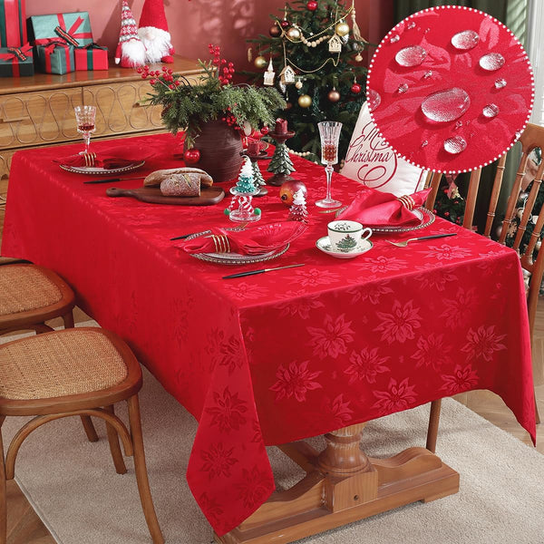 SASTYBALE Christmas Tablecloths Rectangular, Jacquard Xmas Table Cloth with Poinsettia Flowers, Spill Proof Heavy Duty Table Cover for Parties Winter Holiday Decor (Rectangle, 52" x 70", Red)