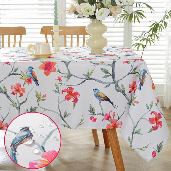 SASTYBALE Spring Summer Tablecloth for Rectangle Tables, Vibrant Floral Table Cloth with Birds & Branches, Stain Resistant Table Cover for Spring Summer Picnic Outdoor Decor (Rectangle, 52" x 70")