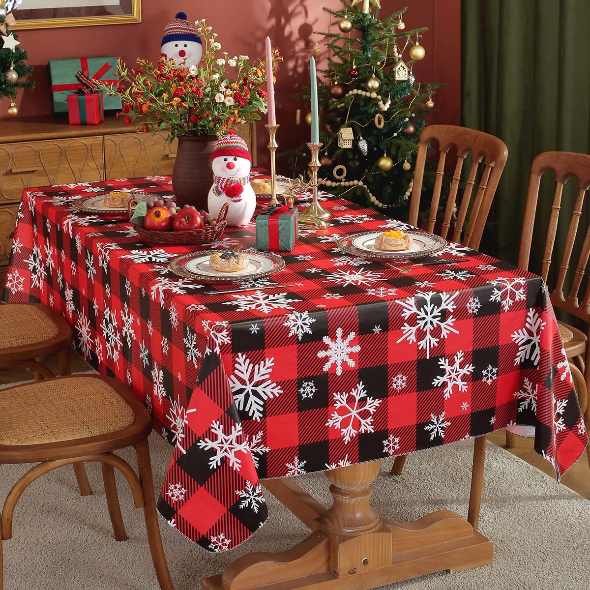 SASTYBALE Christmas Tablecloth Rectangle Vinyl with Flannel Backing, Buffalo Plaid Snowflake Print, Waterproof & Heavy Duty Plastic Table Cover for Dining, Party, Holiday, 52 x 70 Inch Red and Black