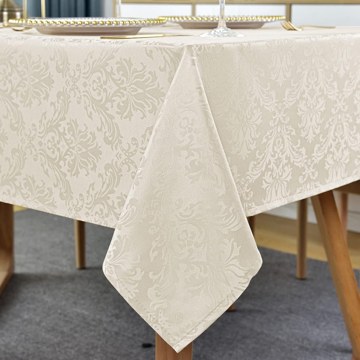 SASTYBALE Jacquard Tablecloth Rectangle 52 x 70 Inch Beige, Spill Proof Wrinkle Free Damask Table Cloth, Washable Polyester Table Cover for Dining Room, Party, Indoor, Outdoor (Off White, Oblong)