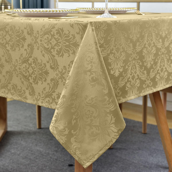 SASTYBALE Jacquard Tablecloth Rectangle 52 x 70 Inch, Spill Proof Machine Washable Damask Table Cloth, Reusable Polyester Table Cover for Dining, Party, Indoor, Outdoor, Gold