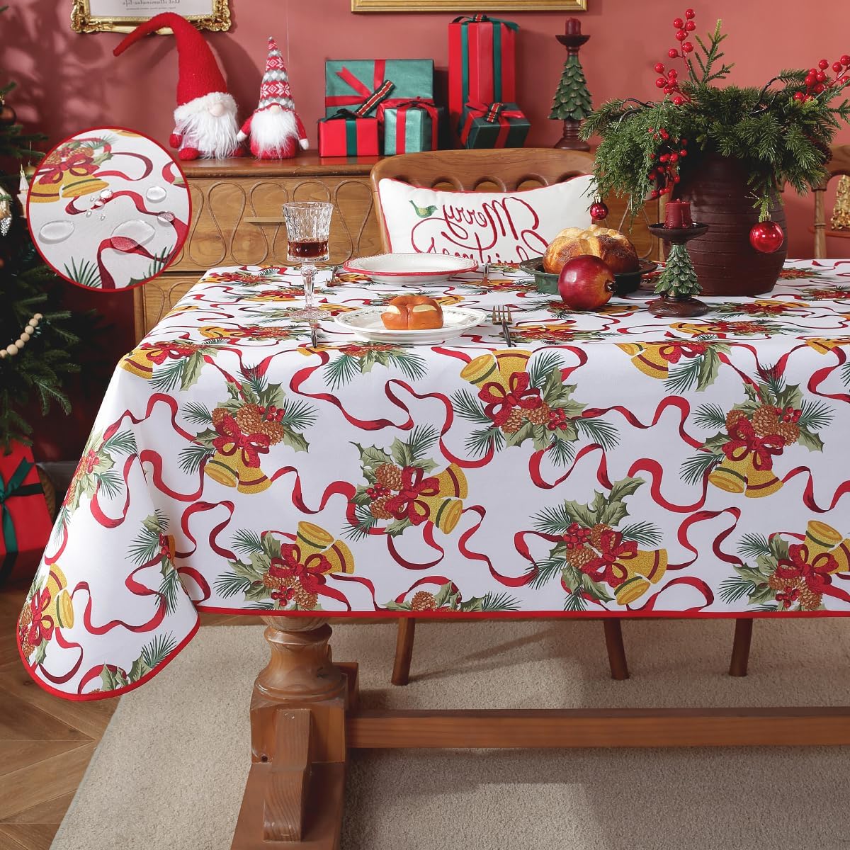 Christmas Tablecloth Rectangle 52 x 70 Inch Water Oil Proof Holly Berry Cardinal Ribbon Bell Pine Cone Table Cloth, Fabric Xmas Table Cover for Holiday, Winter, Santa, Dinner Party, Red/White