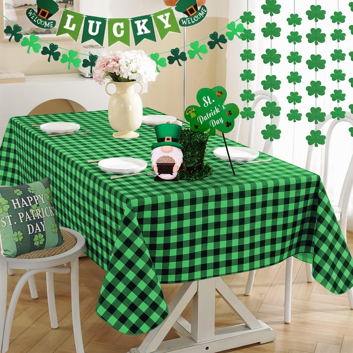 Saint Patricks Day Checkered Vinyl Tablecloth With Flannel Backing Rectangle 60 x 84 Inch, Waterproof & Stain Resistant Heavy Plastic Table Cover for Dining, Party, Indoor, Outdoor, Green and Black