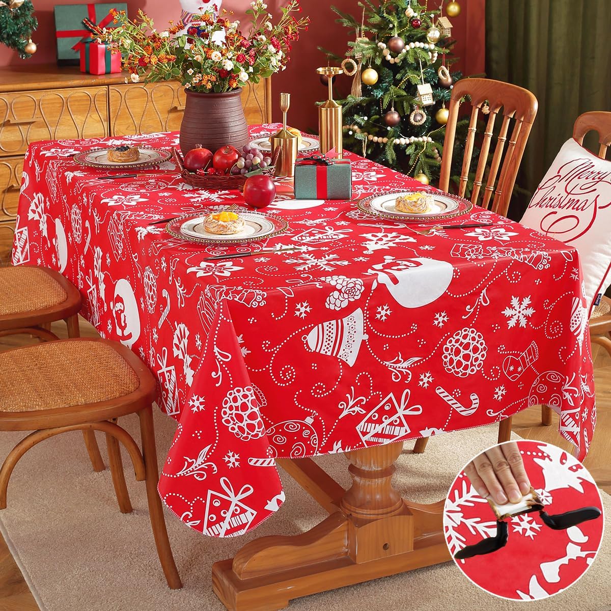 SASTYBALE Christmas Plastic Tablecloth Rectangle, Waterproof Vinyl Christmas Table Cloth with Flannel Backing, Wipeable Xmas Table Cover for Winter Holiday Party Decor (Rectangle, 52" x 70", Red)