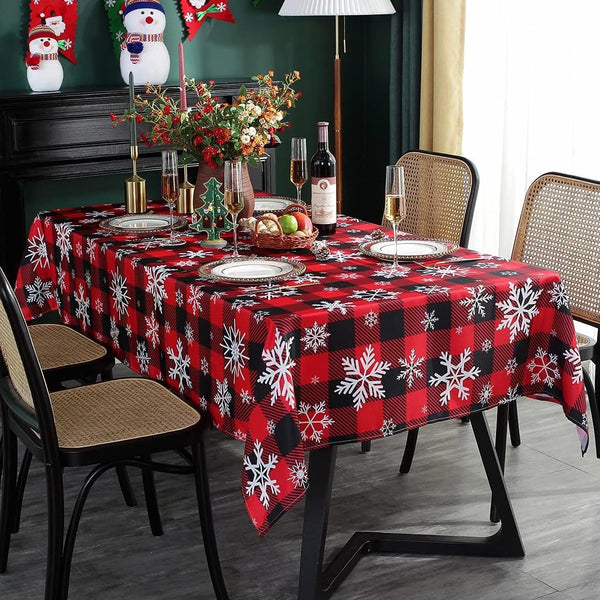 Christmas Tablecloth Rectangle, Plaid Table Cloth with Snowflake Decorations, Heavy Weight & Spillproof Table Cover for Dining, Party & Holidays (Snow Patterns, Rectangle, 52" x 70" (4-6 Seats))