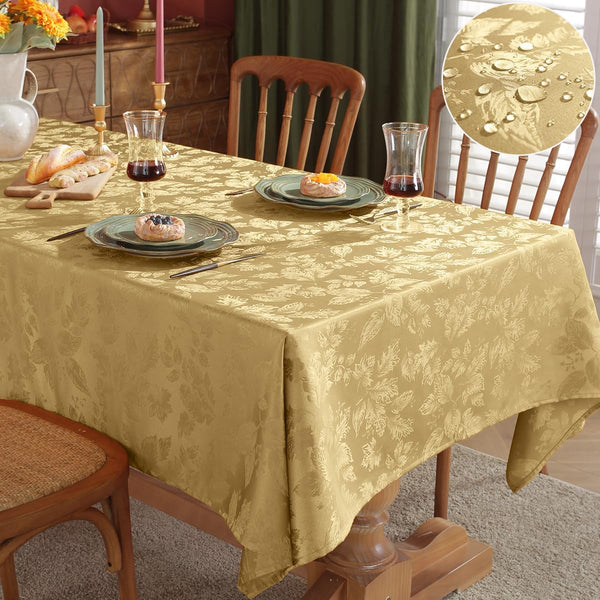 SASTYBALE Autumn Leaves Jacquard Rectangle Tablecloth Waterproof Wrinkle Free Fabric Damask Table Cloth for Fall, Harvest, Thanksgiving, Indoor, Outdoor 60 x 84 Inch Gold