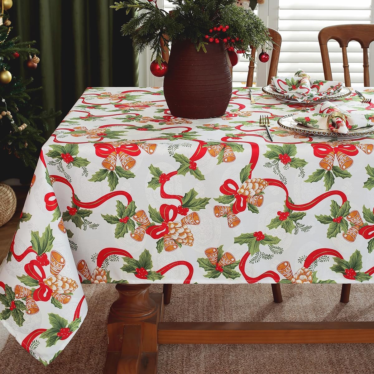 SASTYBALE Christmas Tablecloths Rectangular, Jacquard Table Cloth Printed with Jingle Bells & Holly Leaves, Stain Resistant Table Cover for Holiday Party Picnic Dinner Decor (Rectangle, 52" x 70")